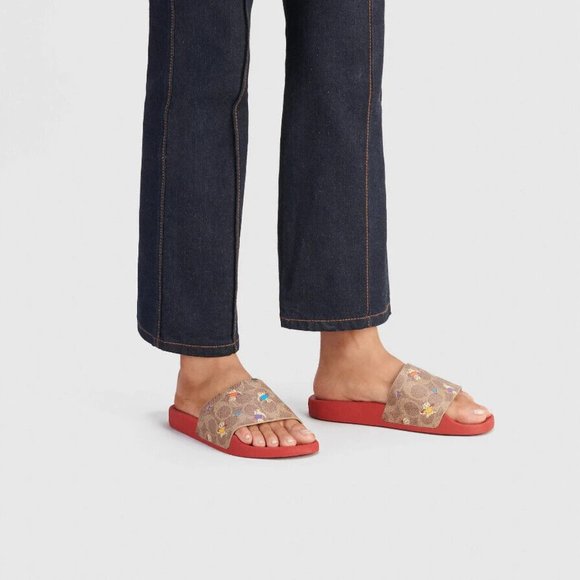 COACH Udele Sport Slide Sandals Kittens Collection Cats Red/Tan C6965 New In Box - Picture 2 of 9